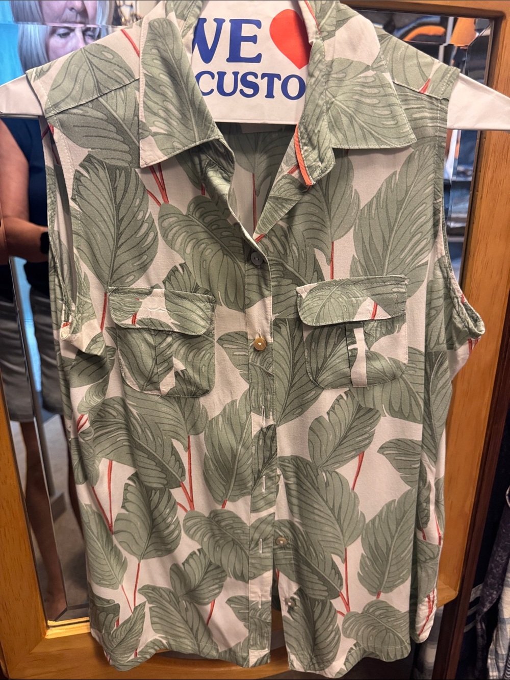 Foxcroft Green Leaf Print Sleeveless Blouse